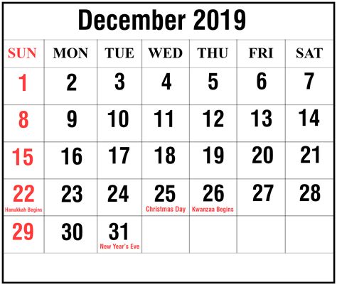 2019 Calendar December